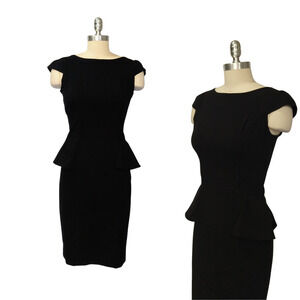 Vintage 90s XOXO Midi Dress Size S 3/4 Black Peplum Cap Sleeve Office Siren